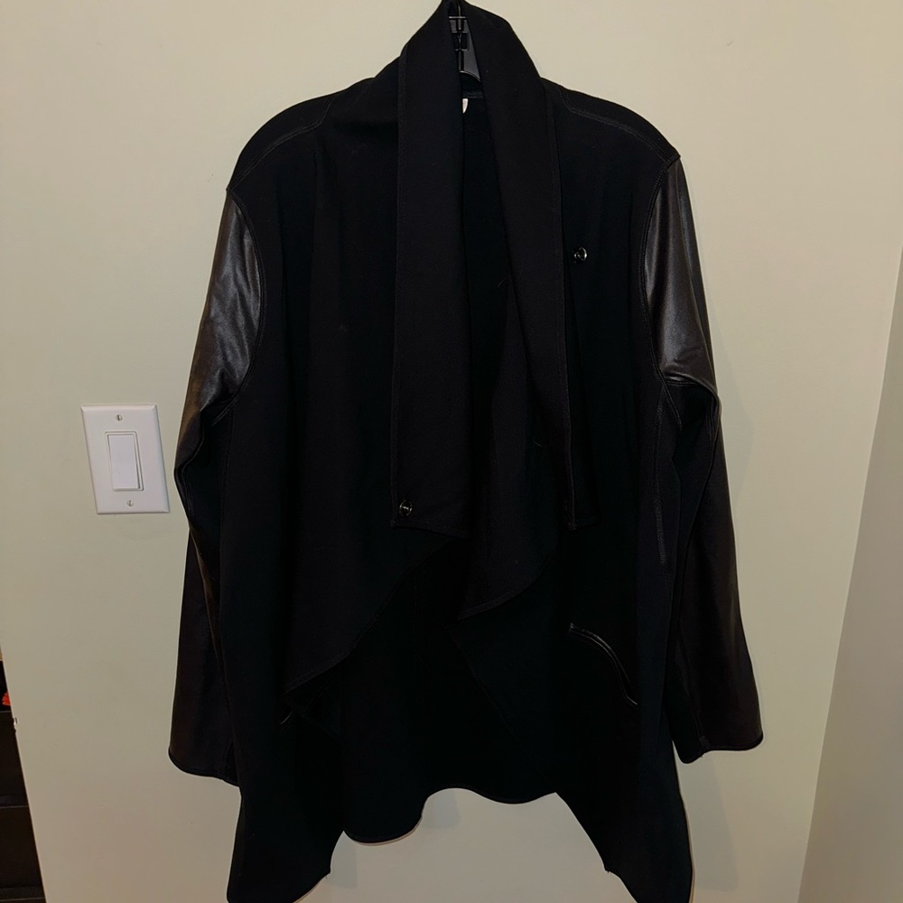 SPANX Black Draped Open-Front Jacket with Leather-Look Sleeves - Picture 3 of 10